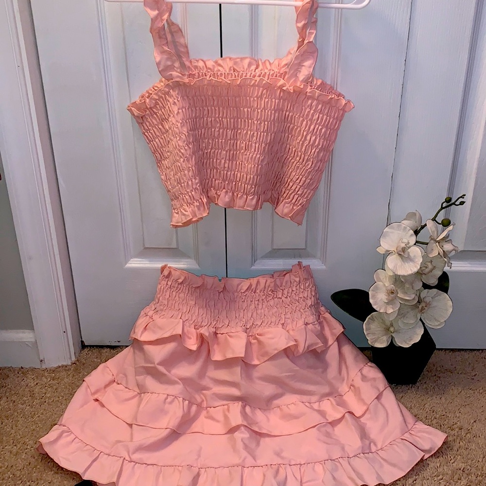 SHEIN pink two piece crop top and skirt